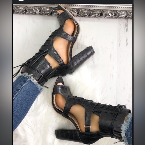 SIMMI black lace up  Cutout Chunky Heeled Sandals Croc print faux Leather - Picture 2 of 5